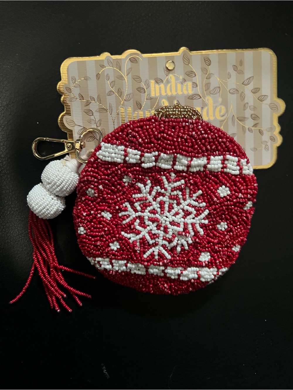 Beaded Red & White Snowflake Ornament Coin Purse Keychain